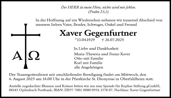 Traueranzeige von Xaver Gegenfurtner von Neu-Ulmer Zeitung, Augsburger Allgemeine