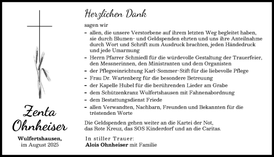 Traueranzeige von Zenta Ohnheiser von Friedberger Allgemeine