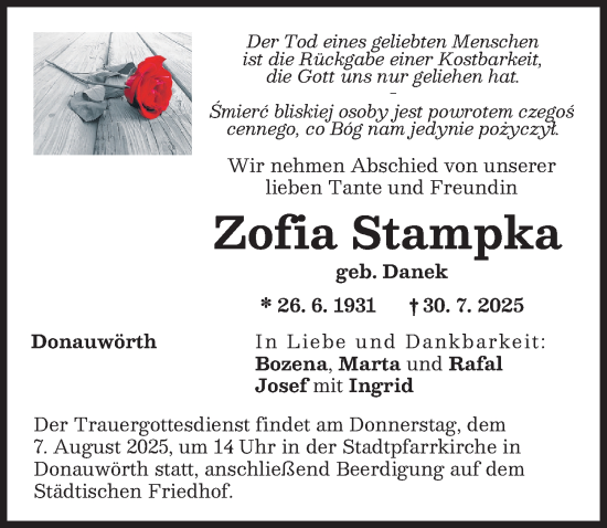 Traueranzeige von Zofia Stampka von Donauwörther Zeitung
