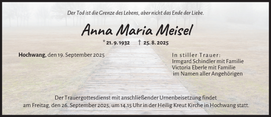 Traueranzeige von Anna Maria Meisel von Günzburger Zeitung, Mittelschwäbische Nachrichten