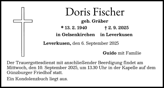 Traueranzeige von Doris Fischer von Günzburger Zeitung