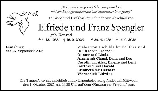 Traueranzeige von Elfriede Spengler von Günzburger Zeitung