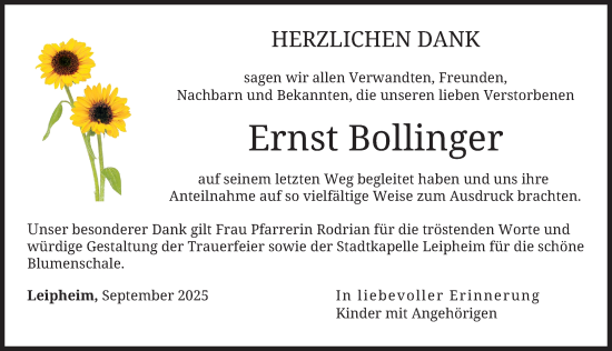 Traueranzeige von Ernst Bollinger von Günzburger Zeitung