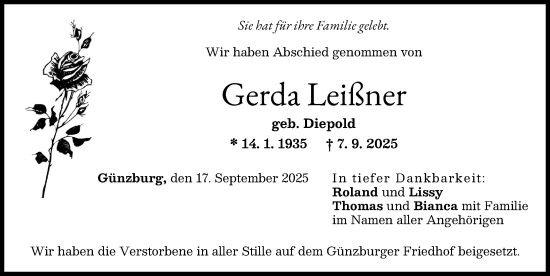 Traueranzeige von Gerda Leißner von Günzburger Zeitung