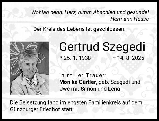 Traueranzeige von Gertrud Szegedi von Mittelschwäbische Nachrichten