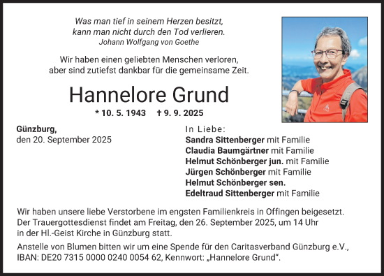 Traueranzeige von Hannelore Grund von Günzburger Zeitung