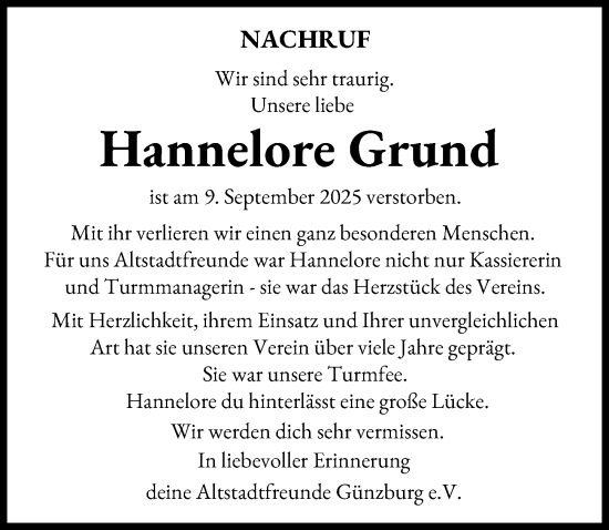 Traueranzeige von Hannelore Grund von Günzburger Zeitung