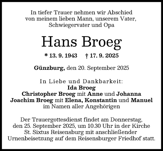 Traueranzeige von Hans Broeg von Günzburger Zeitung