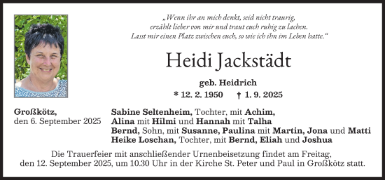 Traueranzeige von Heidi Jackstädt von Günzburger Zeitung