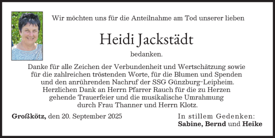 Traueranzeige von Heidi Jackstädt von Günzburger Zeitung