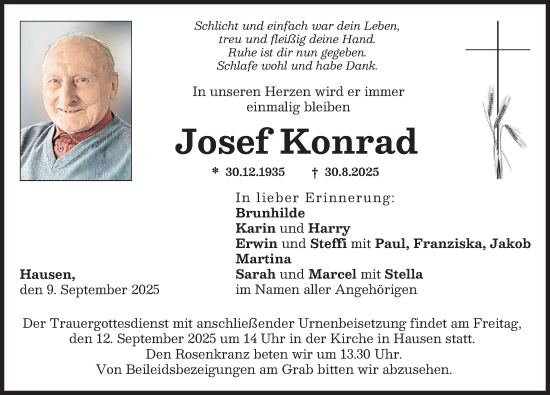 Traueranzeige von Josef Konrad von Günzburger Zeitung, Mittelschwäbische Nachrichten