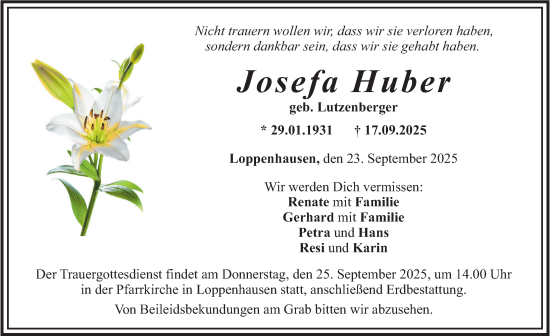 Traueranzeige von Josefa Huber von Mindelheimer Zeitung