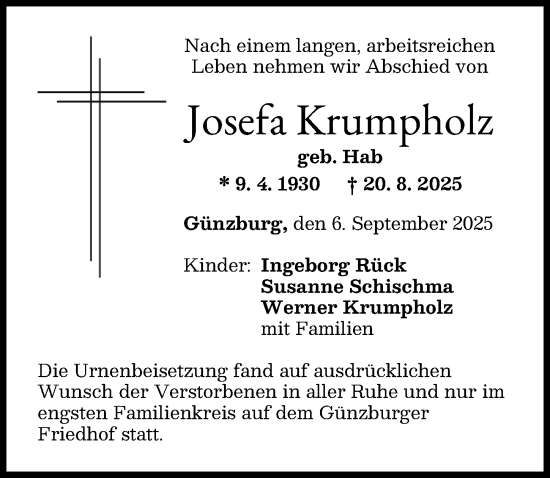 Traueranzeige von Josefa Krumpholz von Günzburger Zeitung