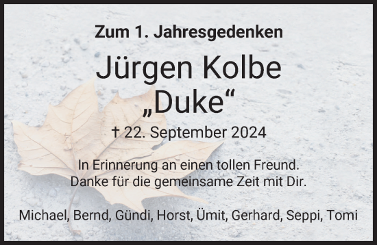Traueranzeige von Jürgen Kolbe von Günzburger Zeitung