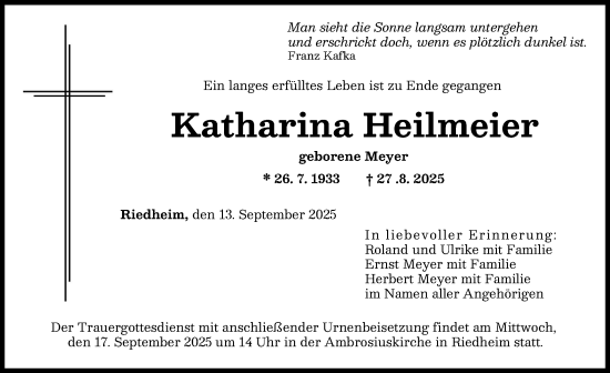 Traueranzeige von Katharina Heilmeier von Günzburger Zeitung