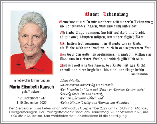 Traueranzeige von Maria Elisabeth Kausch von Mindelheimer Zeitung