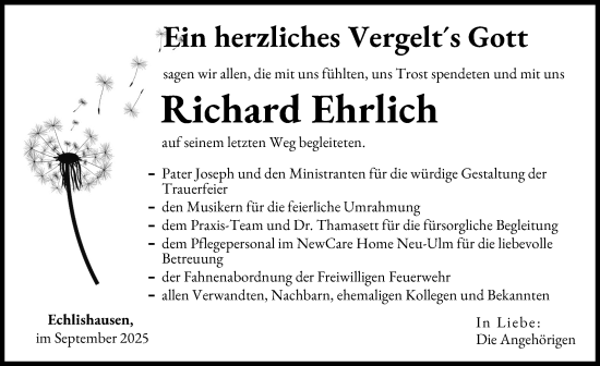 Traueranzeige von Richard Ehrlich von Neu-Ulmer Zeitung, Günzburger Zeitung