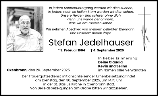 Traueranzeige von Stefan Jedelhauser von Günzburger Zeitung