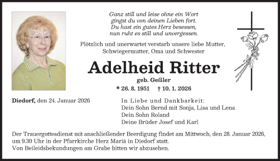 Traueranzeige von Adelheid Ritter von Augsburger Allgemeine