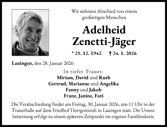 Traueranzeige von Adelheid Zenetti-Jäger von Donau Zeitung