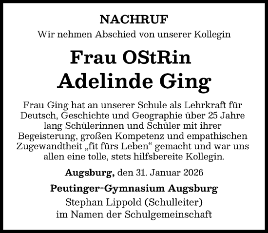 Traueranzeige von Adelinde Ging von Augsburger Allgemeine
