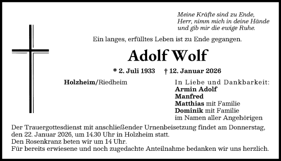Traueranzeige von Adolf Wolf von Donauwörther Zeitung