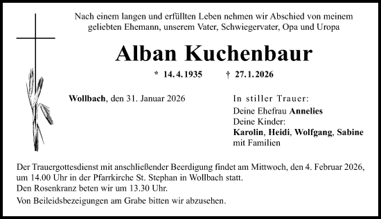 Traueranzeige von Alban Kuchenbaur von Augsburg-Land