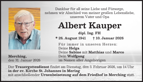 Traueranzeige von Albert Kauper von Augsburger Allgemeine, Friedberger Allgemeine