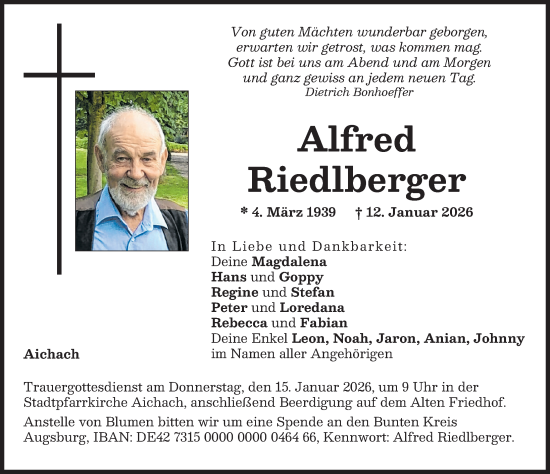 Traueranzeige von Alfred Riedlberger von Aichacher Nachrichten