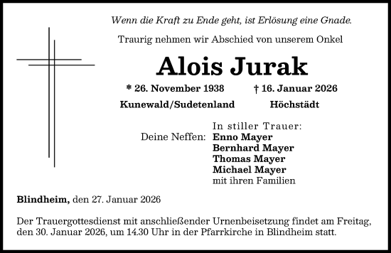 Traueranzeige von Alois Jurak von Donau Zeitung