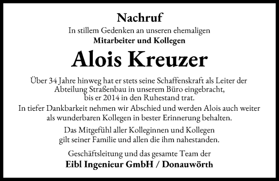Traueranzeige von Alois Kreuzer von Donauwörther Zeitung