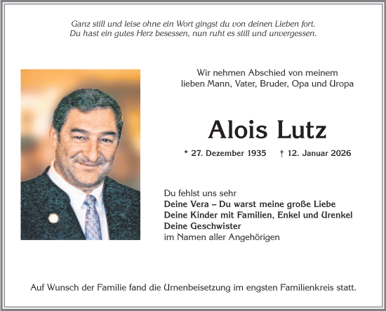 Traueranzeige von Alois Lutz von Mindelheimer Zeitung