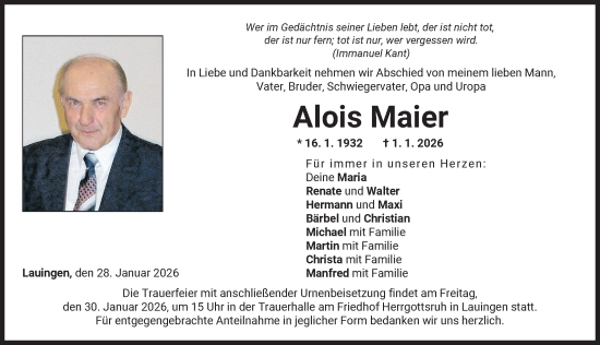 Traueranzeige von Alois Maier von Donau Zeitung