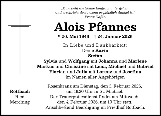 Traueranzeige von Alois Pfannes von Friedberger Allgemeine