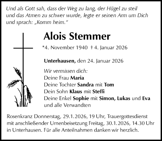 Traueranzeige von Alois Stemmer von Neuburger Rundschau
