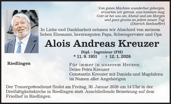 Traueranzeige von Alois Andreas Kreuzer von Donauwörther Zeitung
