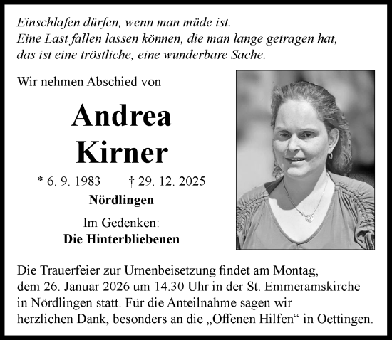 Traueranzeige von Andrea Kirner von Rieser Nachrichten