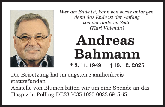 Traueranzeige von Andreas Bahmann von Landsberger Tagblatt