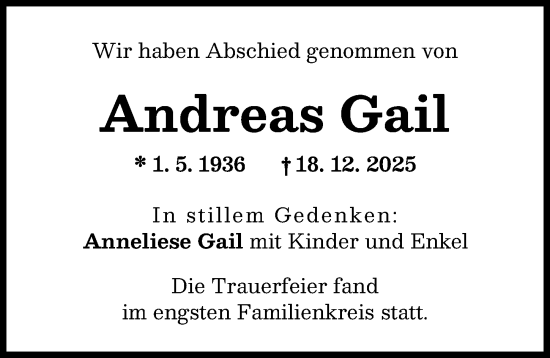 Traueranzeige von Andreas Gail von Friedberger Allgemeine