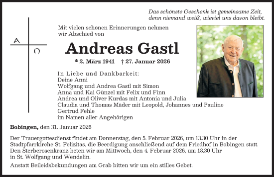 Traueranzeige von Andreas Gastl von Schwabmünchner Allgemeine