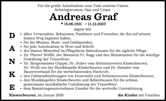 Traueranzeige von Andreas Graf von Illertisser Zeitung