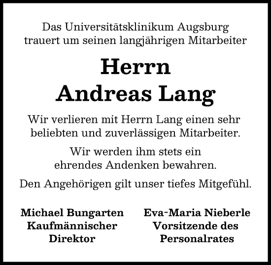 Traueranzeige von Andreas Lang von Augsburger Allgemeine