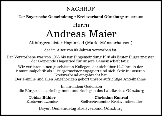 Traueranzeige von Andreas Maier von Günzburger Zeitung, Mittelschwäbische Nachrichten