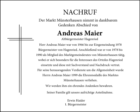 Traueranzeige von Andreas Maier von Mittelschwäbische Nachrichten