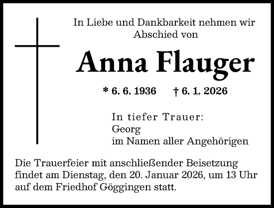 Traueranzeige von Anna Flauger von Augsburger Allgemeine