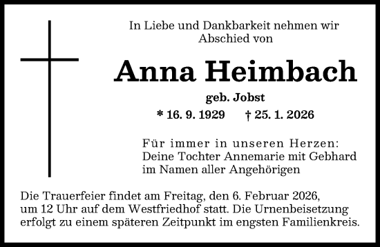 Traueranzeige von Anna Heimbach von Augsburger Allgemeine
