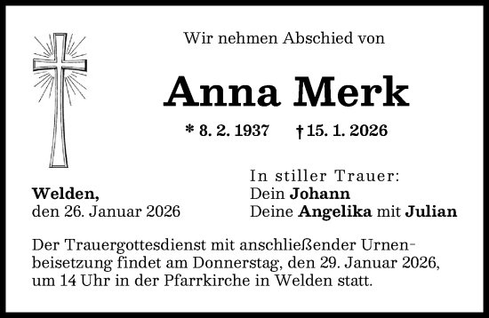 Traueranzeige von Anna Merk von Augsburg-Land