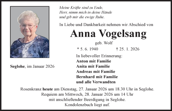 Traueranzeige von Anna Vogelsang von Rieser Nachrichten