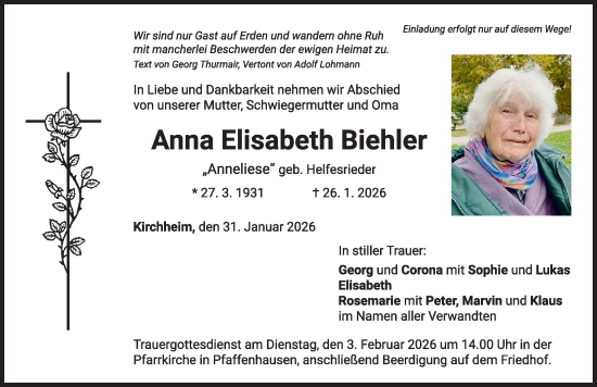 Traueranzeige von Anna Elisabeth Biehler von Mindelheimer Zeitung