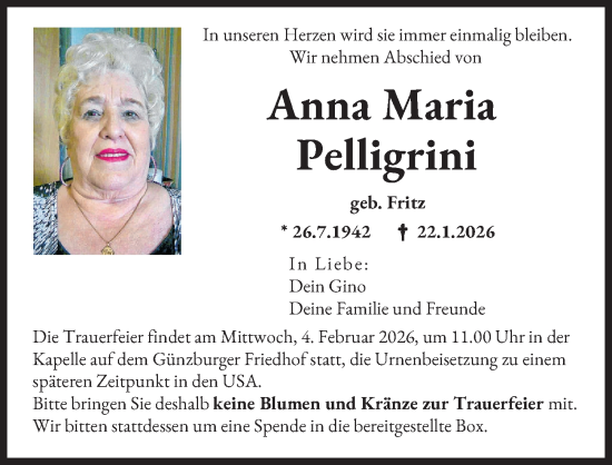 Traueranzeige von Anna Maria Pelligrini von Günzburger Zeitung